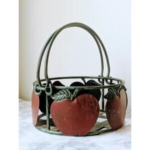 Vintage Mid Century Farmhouse Metal Apple Basket Brushed Green Handles Vtg 7.5D